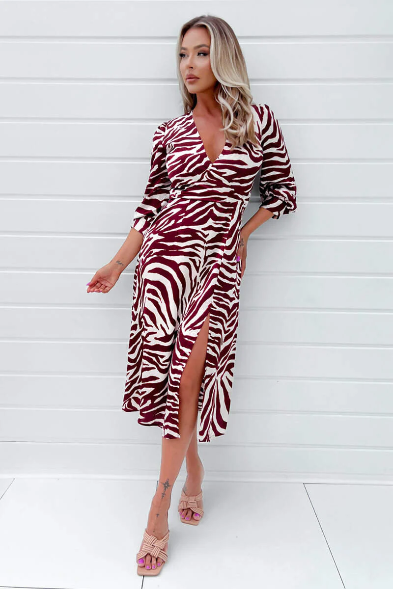 Burgundy Animal Print V Neck Midi Dress With Split - Swimclubus