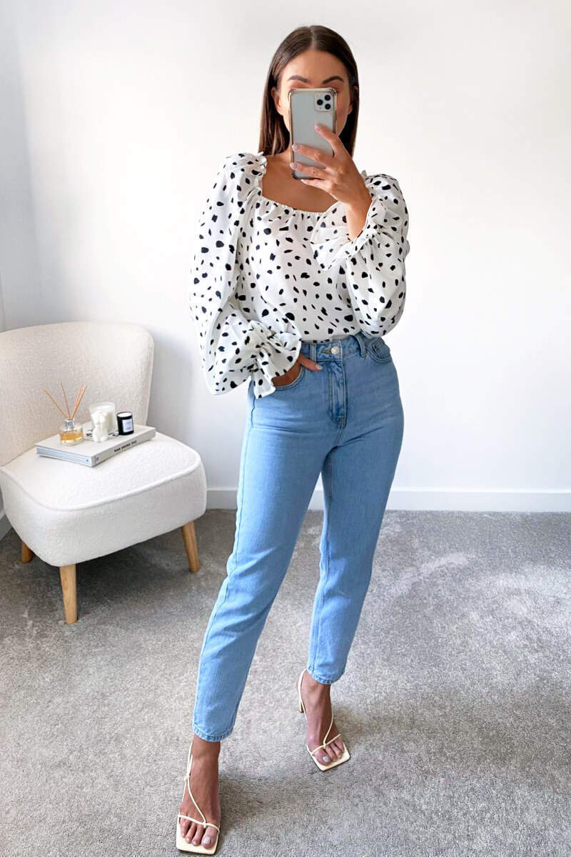 Cream Square Neck Printed Top - Swimclubus