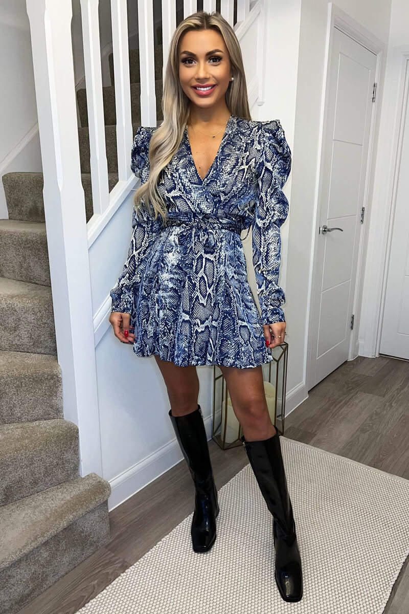 Blue Snake Print Long Puff Sleeve Mini Dress - Swimclubus