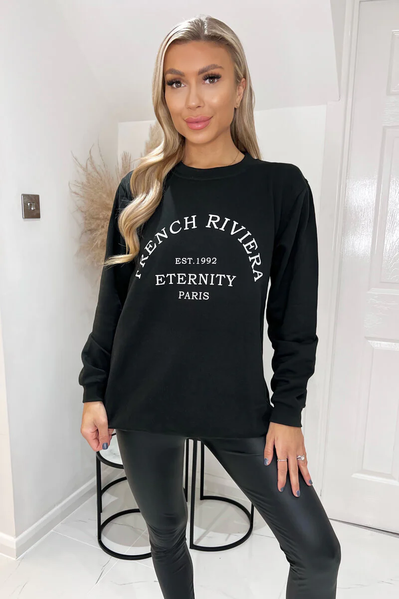 Black French Riviera Slogan Sweatshirt - Swimclubus