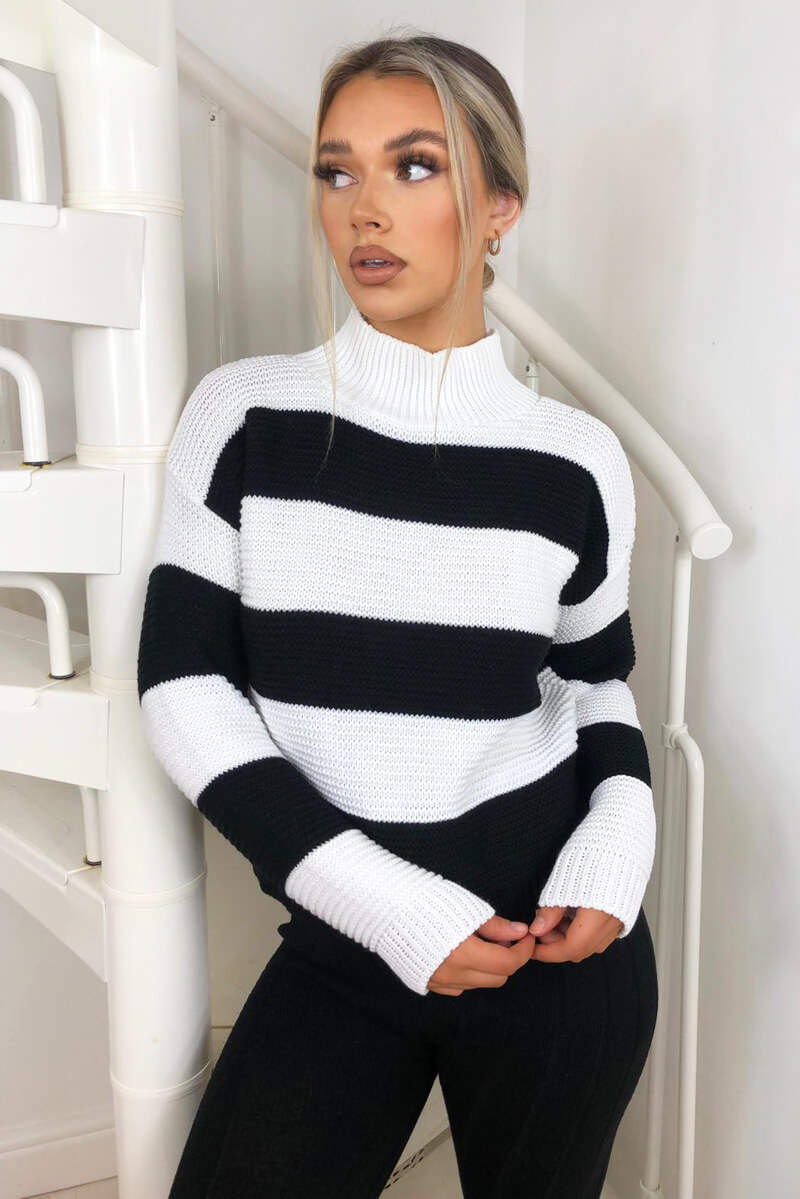 Black Striped High Neck Knit Jumper - Swimclubus