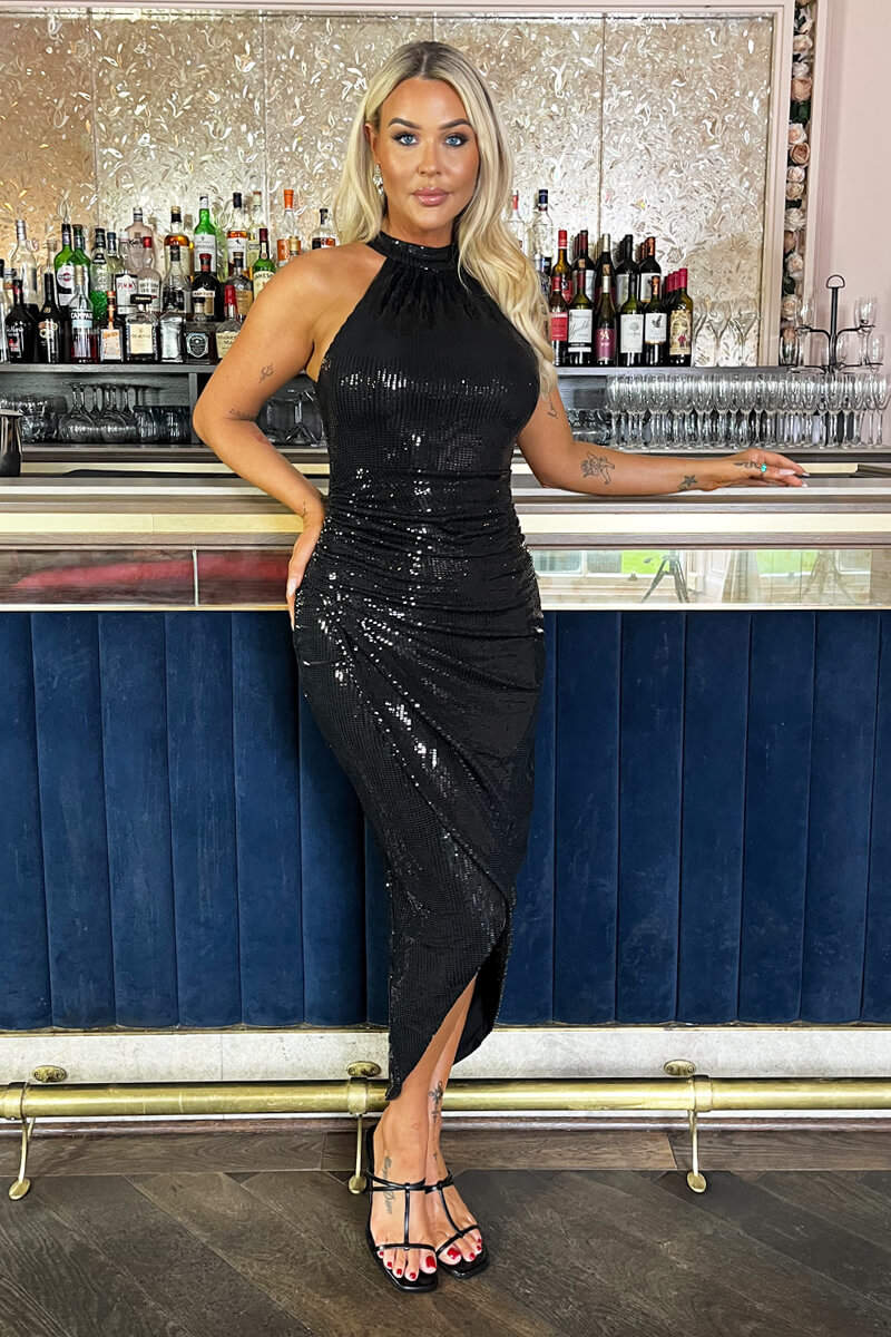Black Rectangular Sequin Halter Neck Draped Wrap Skirt Midi Dress - Swimclubus