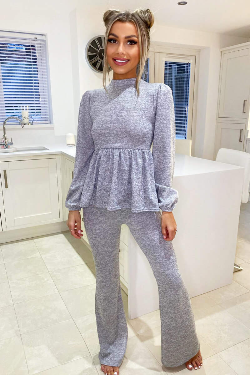 Grey Marl Long Sleeve Peplum Lounge Set - Swimclubus