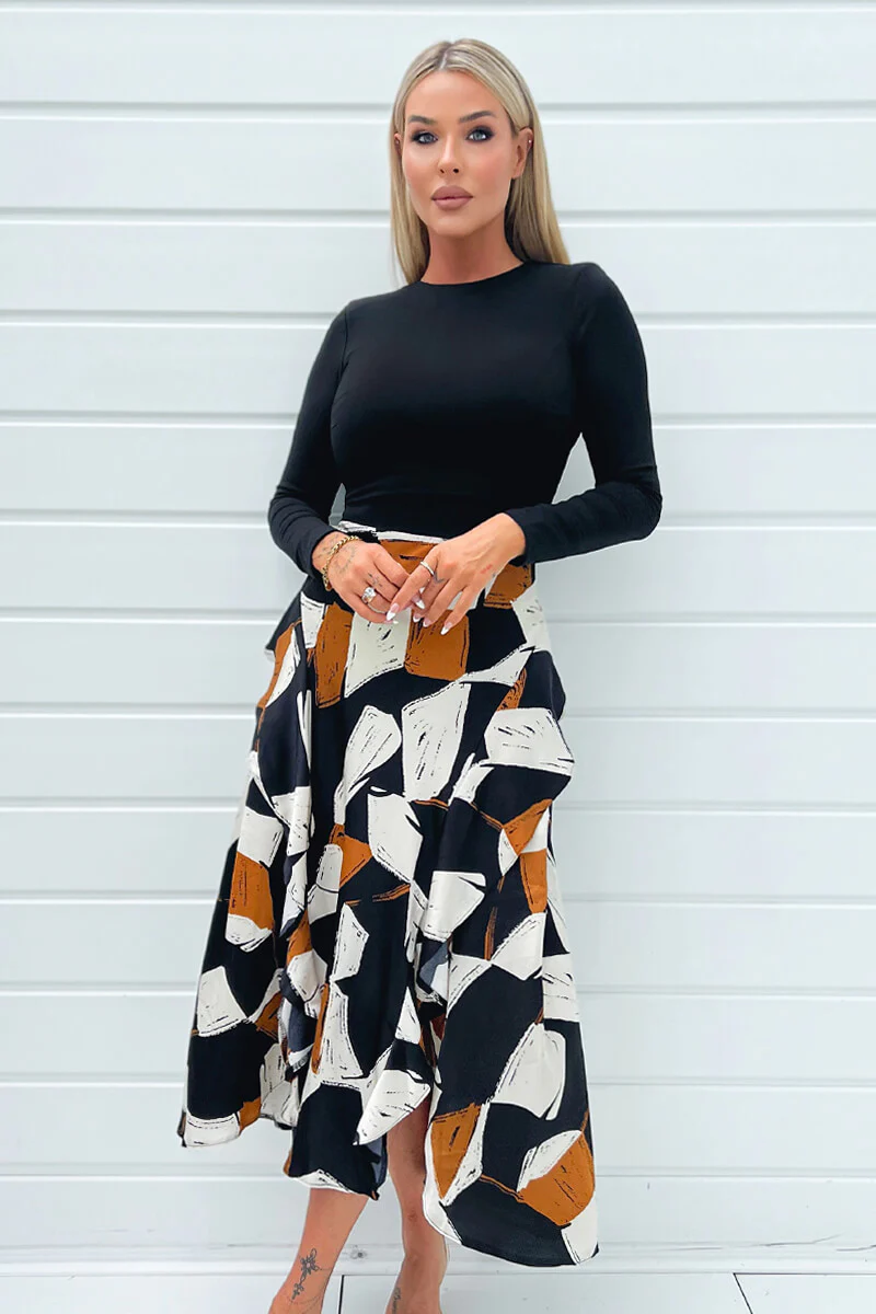 Multi Geometric Print 2 in 1 Long Sleeve Double Frill Split Midi Dress - Swimclubus