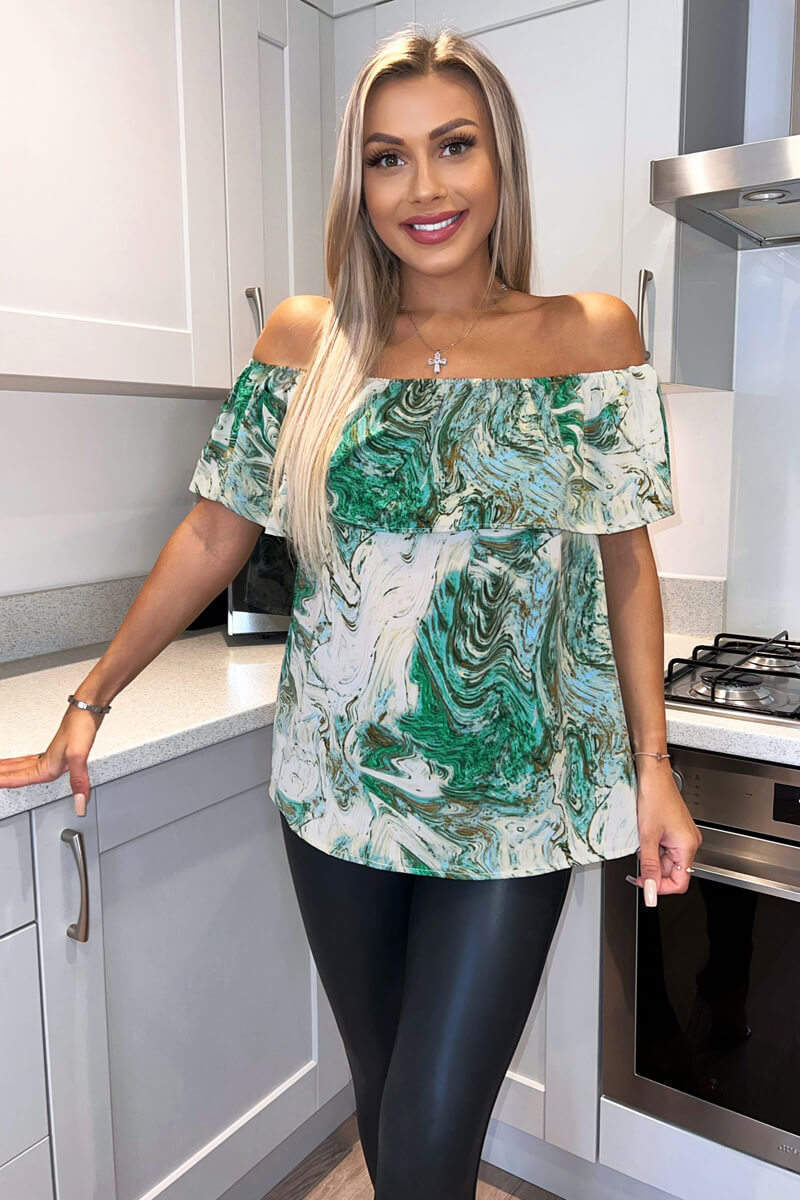 Green Marble Print Bardot Top - Swimclubus