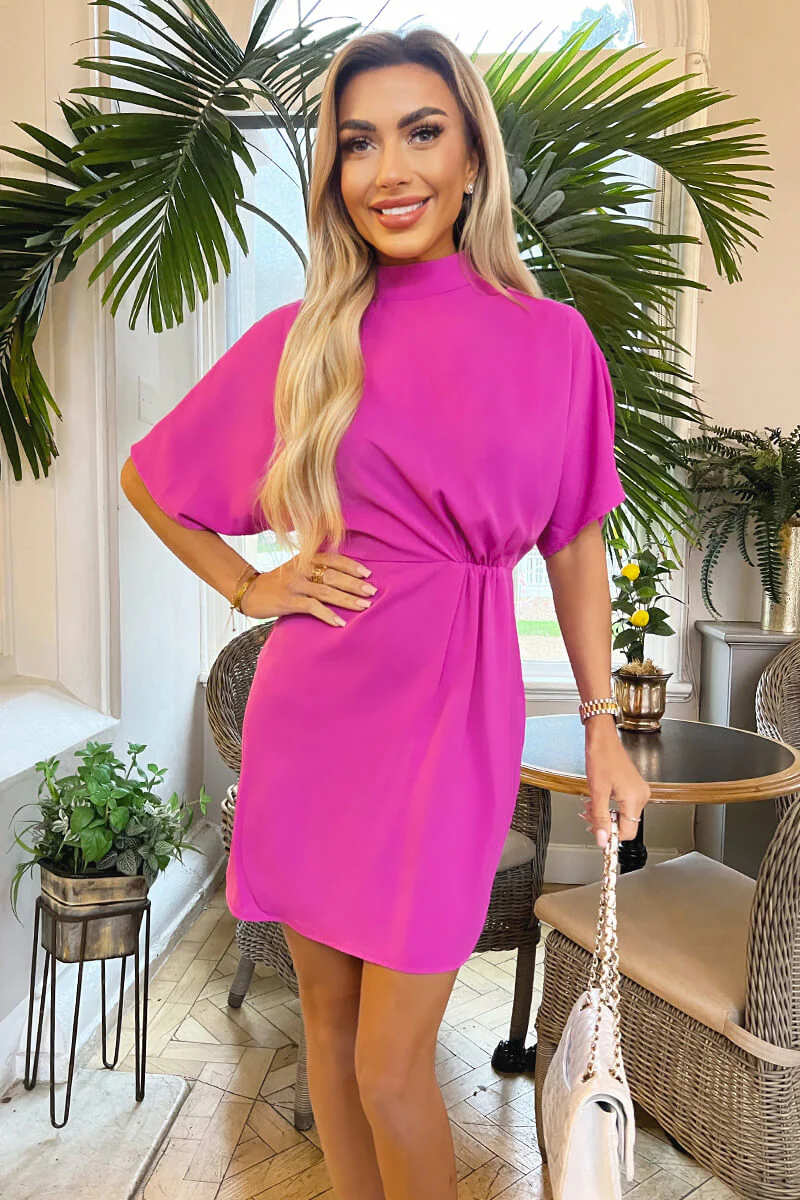 Hot Pink High Neck Gathered Waist Detail Shift Dress - Swimclubus