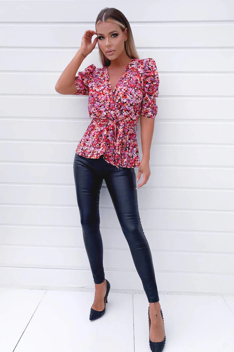 Red Abstract Short Ruffle Sleeve Wrap Top - Swimclubus