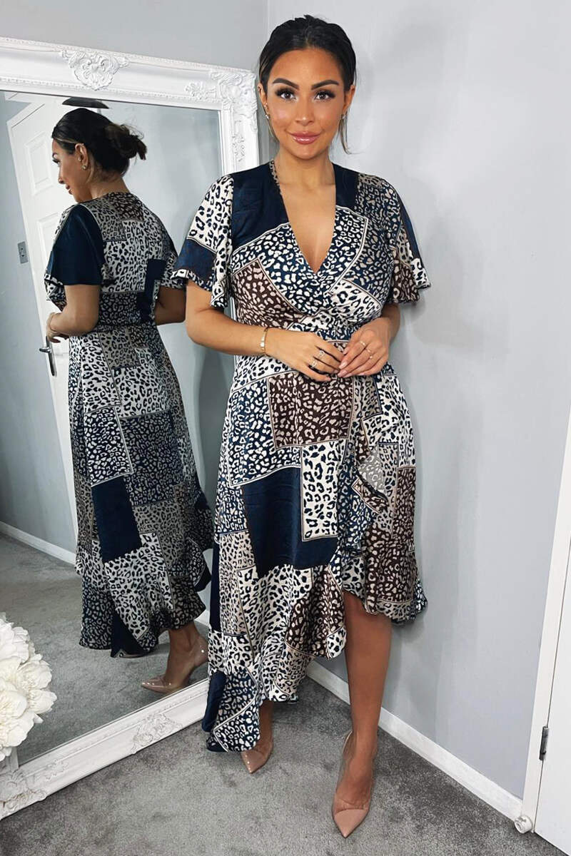 Navy Animal Print Patchwork Wrap Midi Dress - Swimclubus