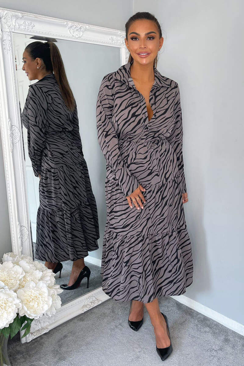 Grey Animal Print Button Up Midi Dress - Swimclubus