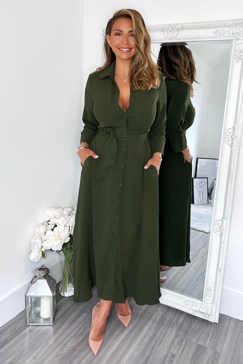Olive Button Up Midi Shirt Dress - Swimclubus