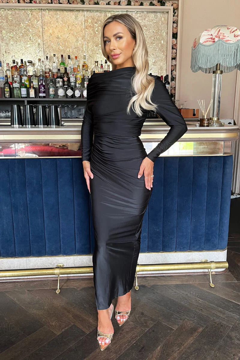 Black Off The Shoulder Long Sleeved Draped Midi Dress - Swimclubus