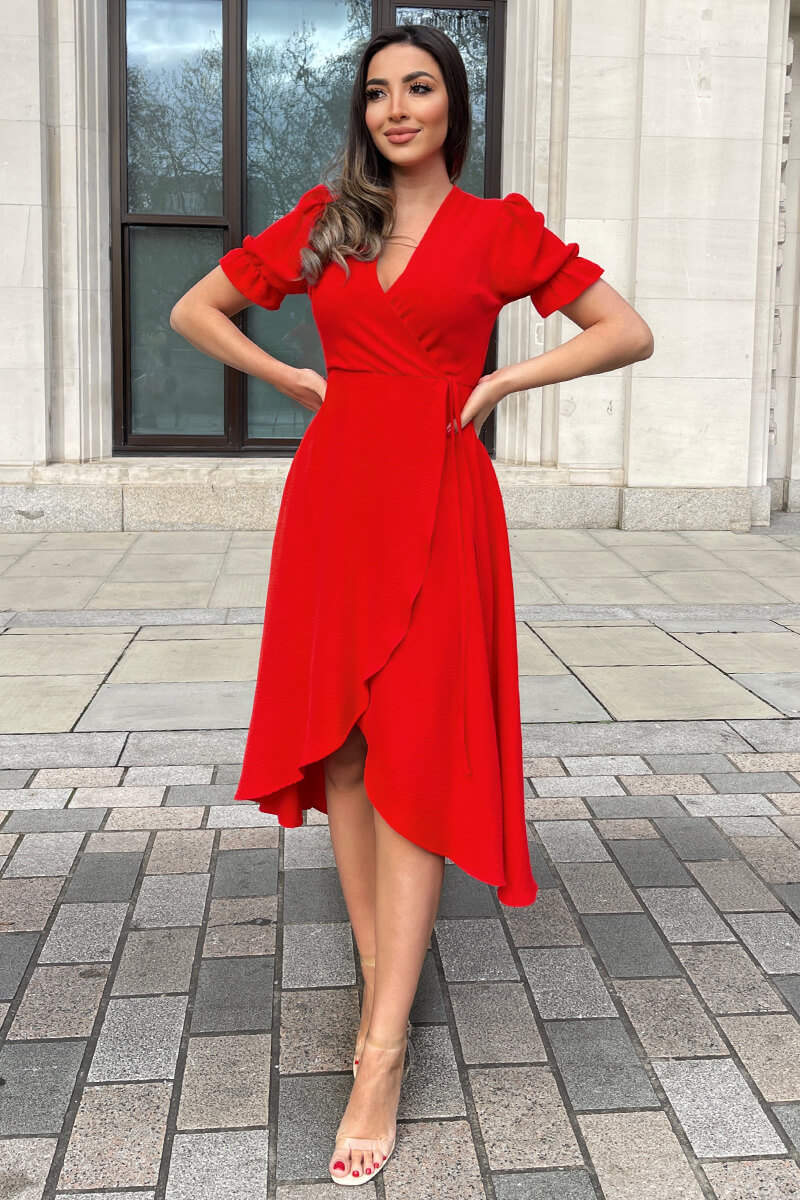 Red Wrap Side Tie Midi Dress - Swimclubus
