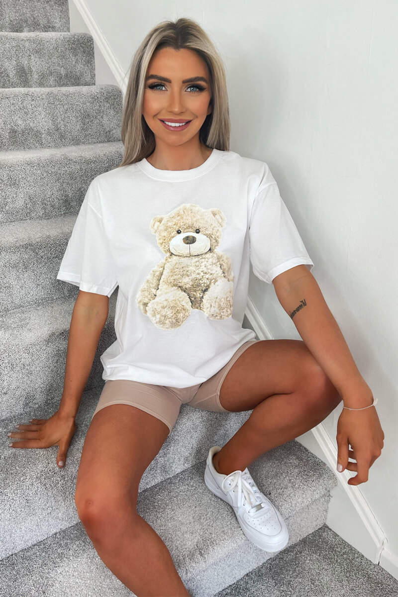 White Teddy Print Oversized Tee - Swimclubus