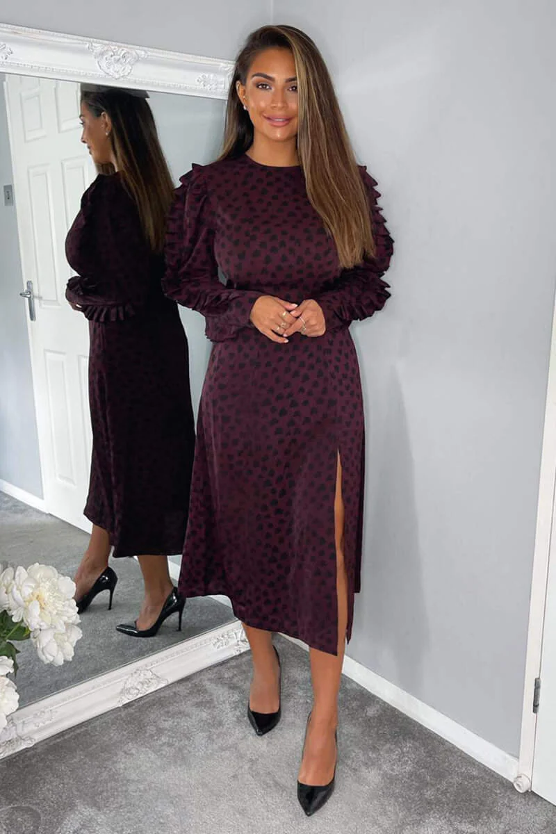 Plum Printed Long Pleated Sleeve Midi Dress - Swimclubus