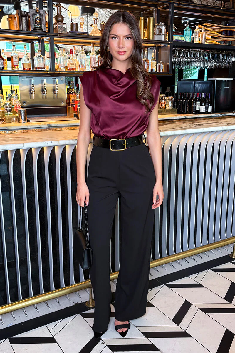 Dark Plum 2 in 1 Draped Neck Belted Wide Leg Jumpsuit - Swimclubus