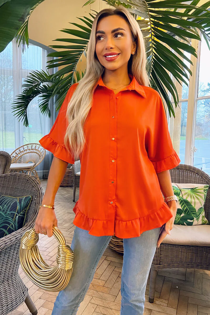 Orange Frill Detail Gold Button Front Shirt - Swimclubus