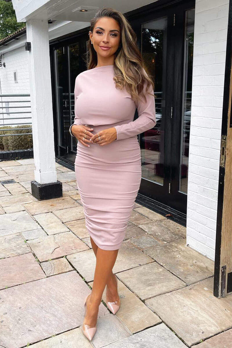 Mushroom Wide Neck Ruched Bodycon Dress - Swimclubus