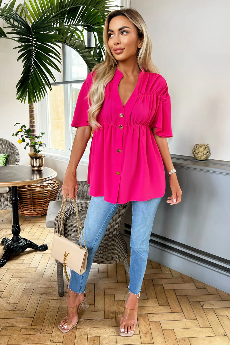 Hot Pink Button Up Ruched Detail Smock V-Neck Top - Swimclubus
