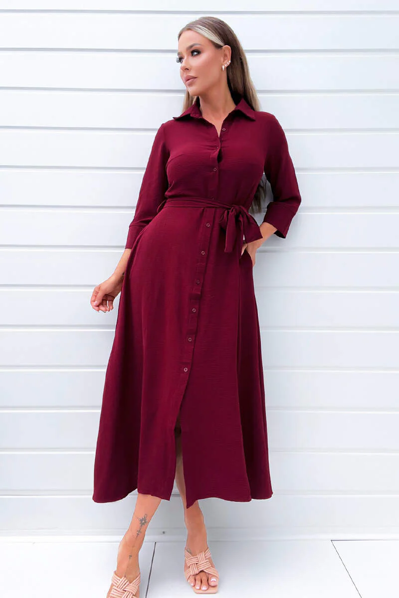 Wine Button Up Midi Shirt Dress - Swimclubus