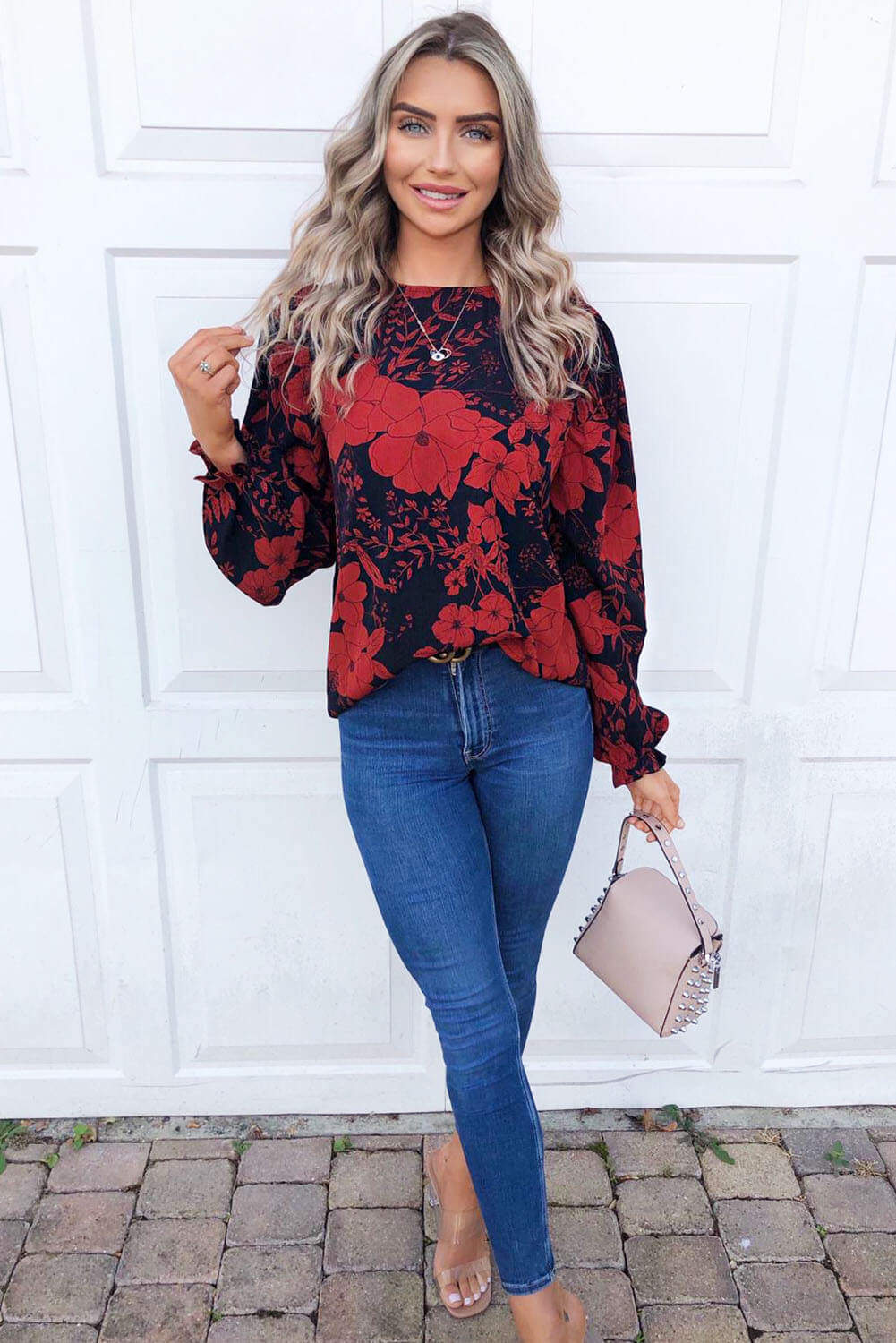 Red Floral Frill Shoulder Blouse - Swimclubus