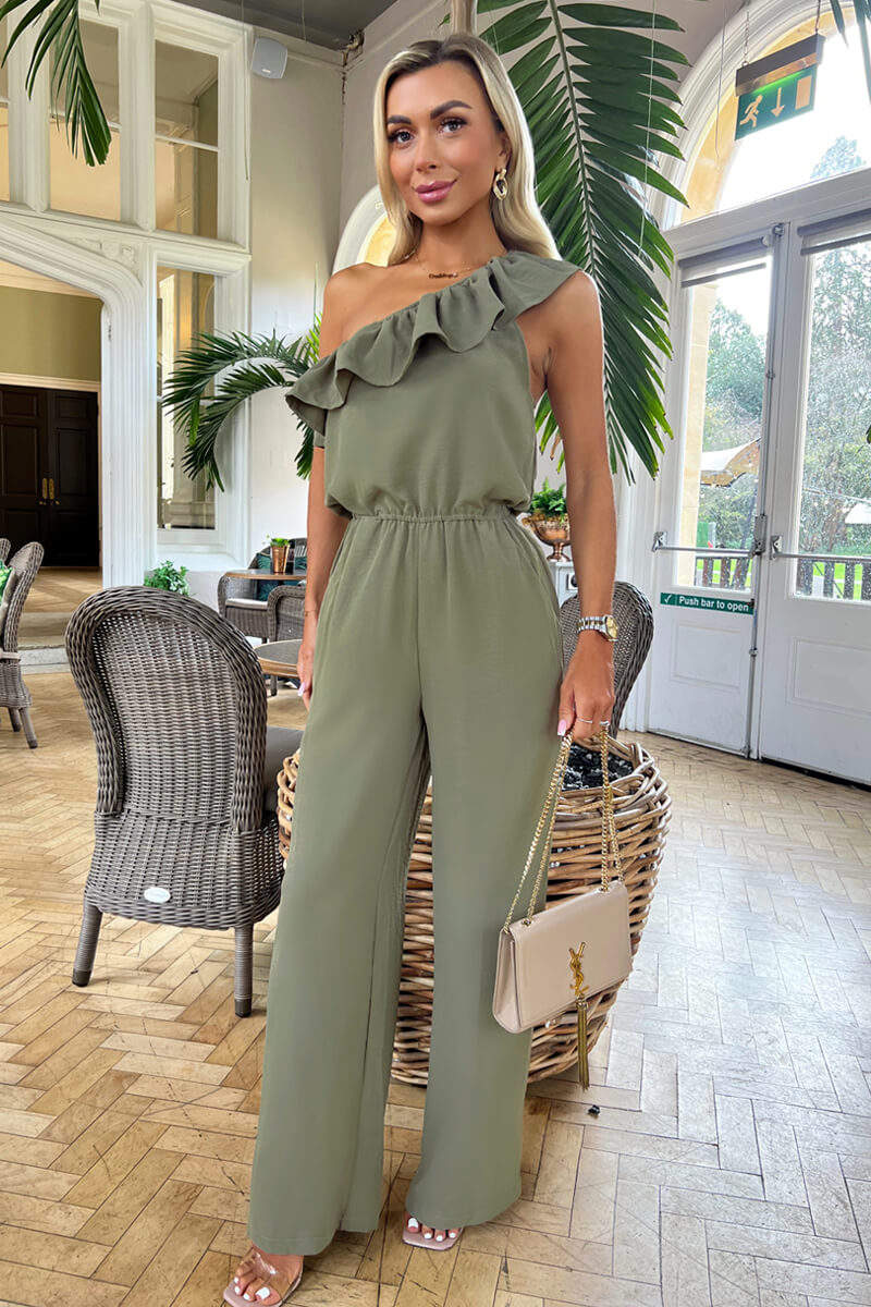 Khaki Frill One Shoulder Jumpsuit - Swimclubus