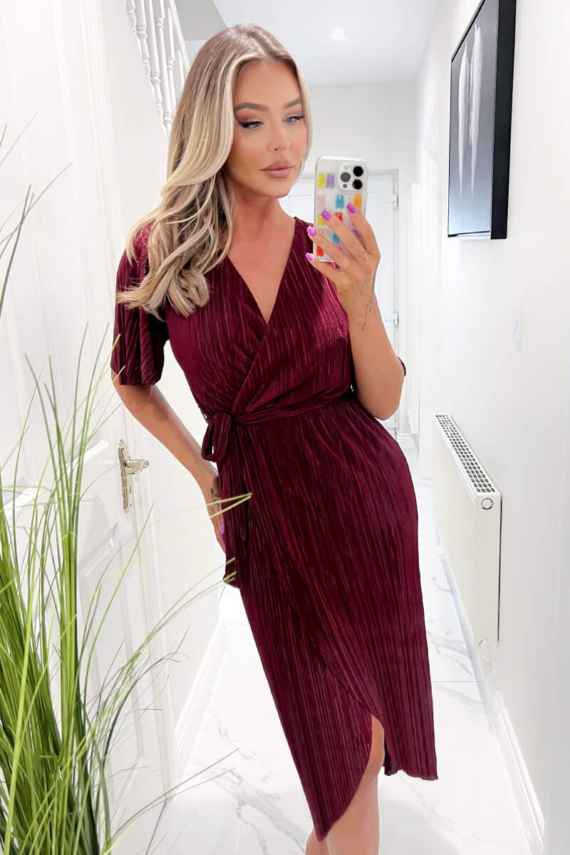 Wine Wrap Top Belted Short Sleeve Plisse Midi Dress - Swimclubus