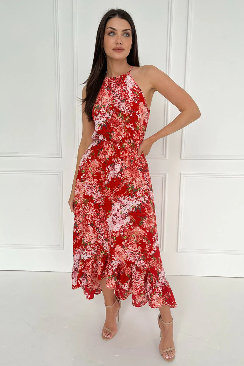 Red Floral Printed Frill Hem High Neck Midi Dress - Swimclubus