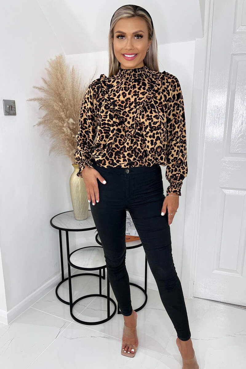 Brown Animal Print Ruffle Front Long Sleeve Top - Swimclubus