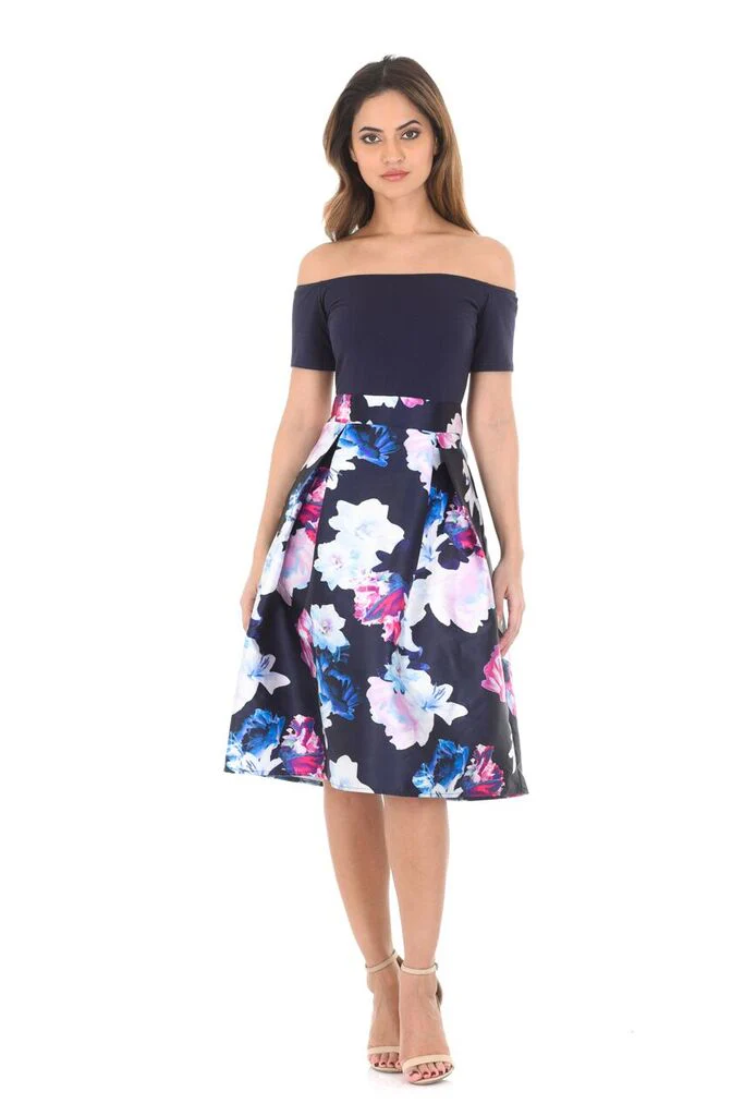 Navy Floral Off The Shoulder Printed Dress - Swimclubus