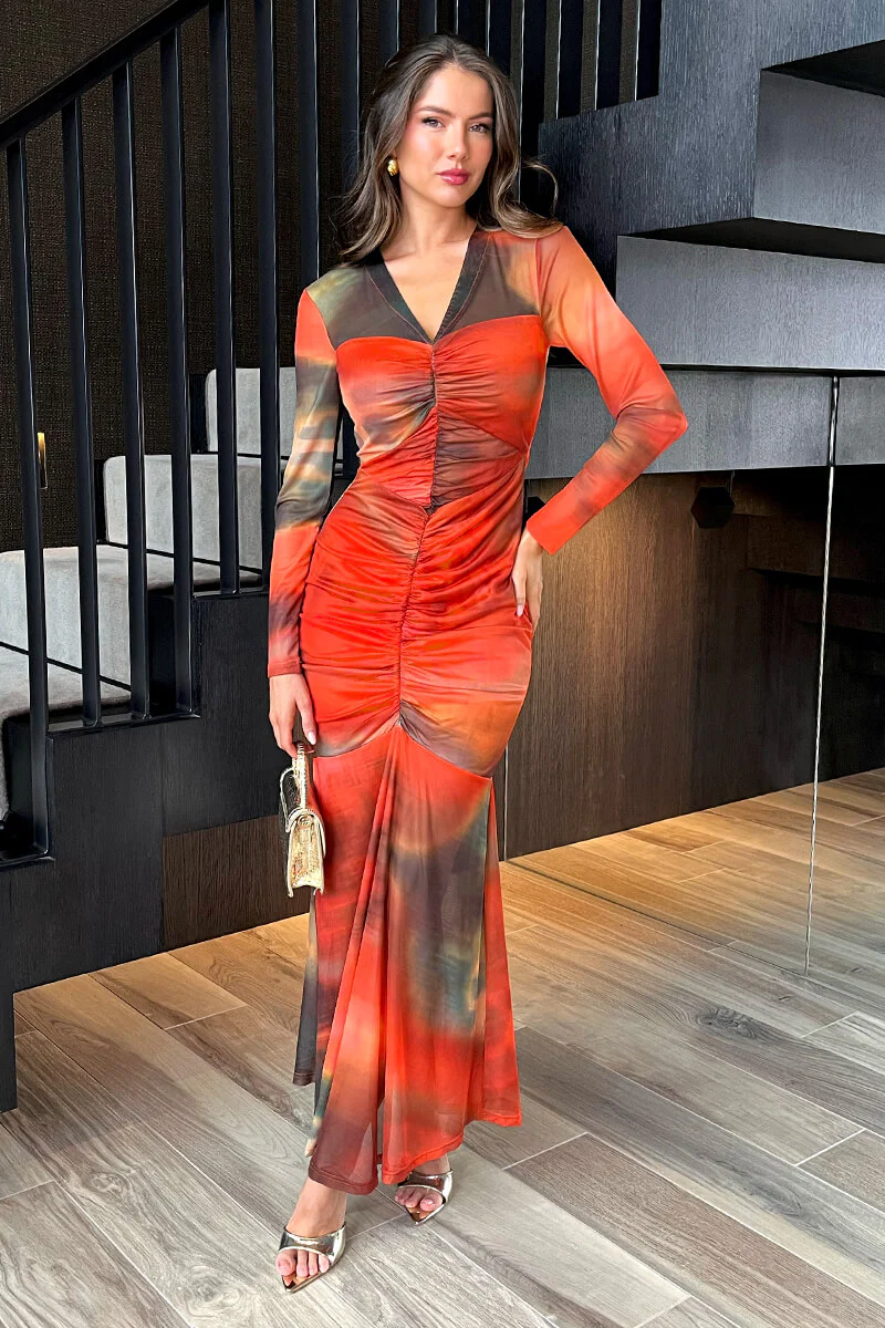 Orange Ombre Mesh Contrast Ruched Front Bodycon Midi Dress - Swimclubus