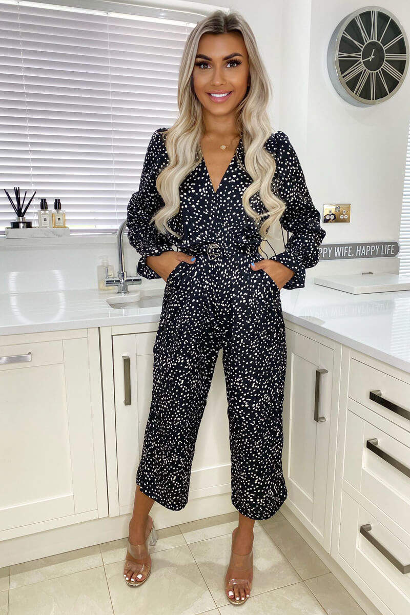 Black Dotty Long Sleeve Wrap Over Belted Jumpsuit - Swimclubus