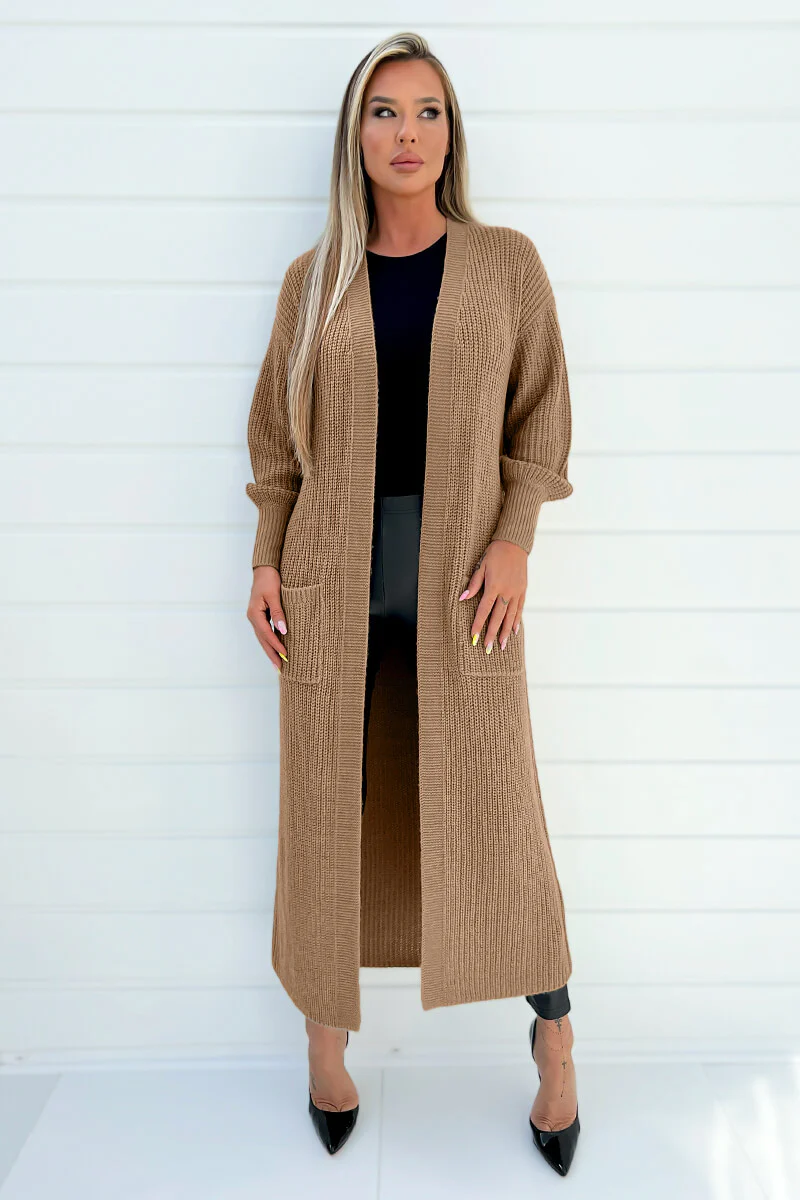Camel Maxi Knitted Cardigan - Swimclubus