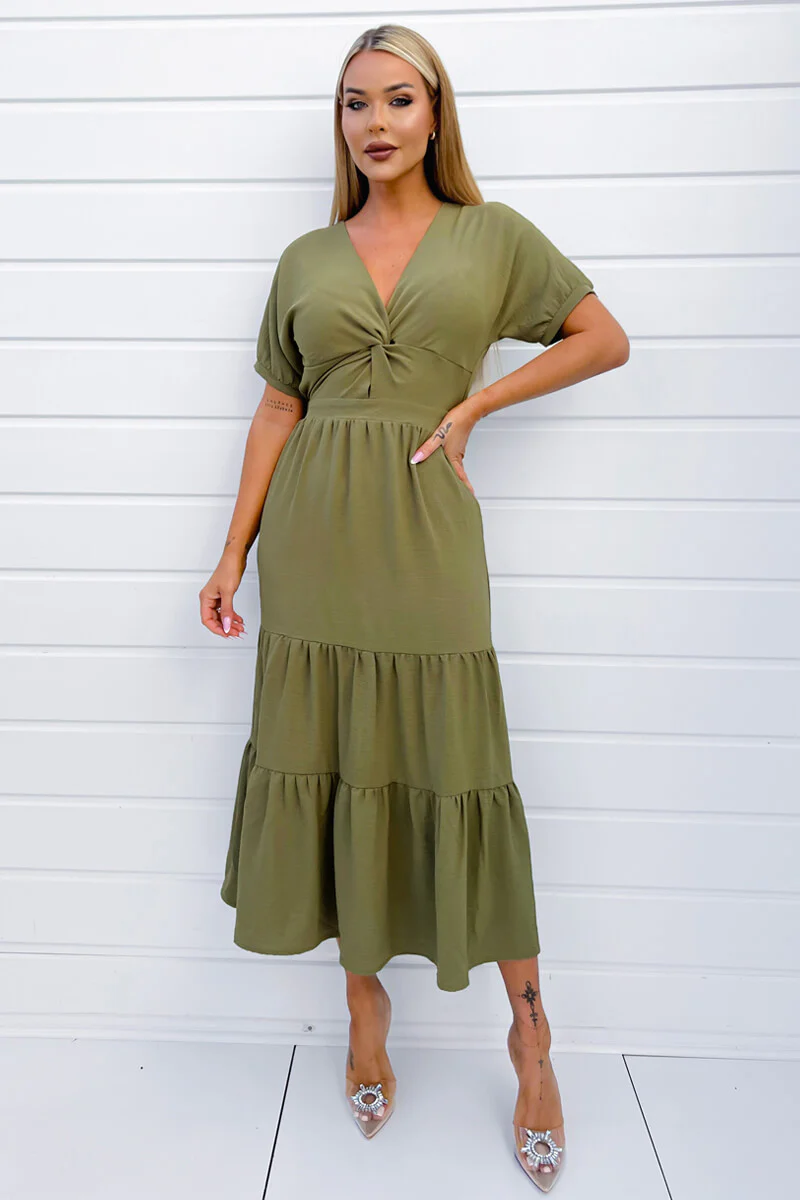 Khaki Twist Front Maxi Smock Dress - Swimclubus