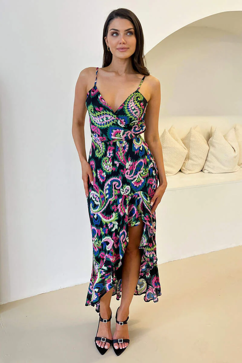Multi Printed Wrap Over Strappy Midi Dress - Swimclubus