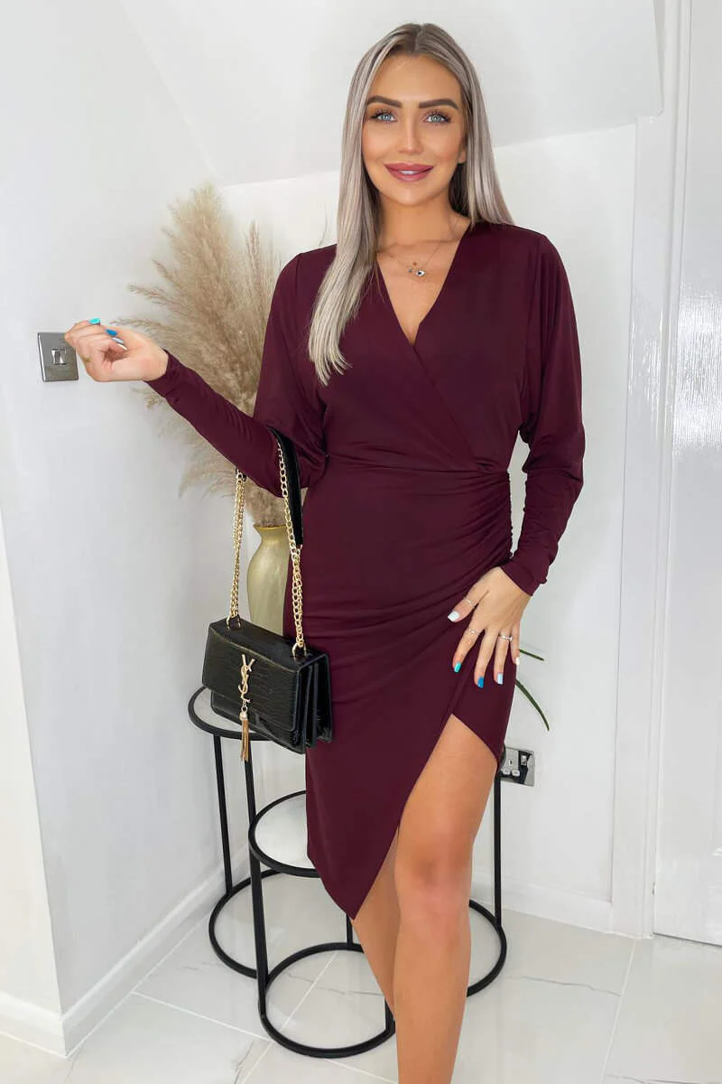 Plum Ruched Side Wrap Top Midi Dress - Swimclubus