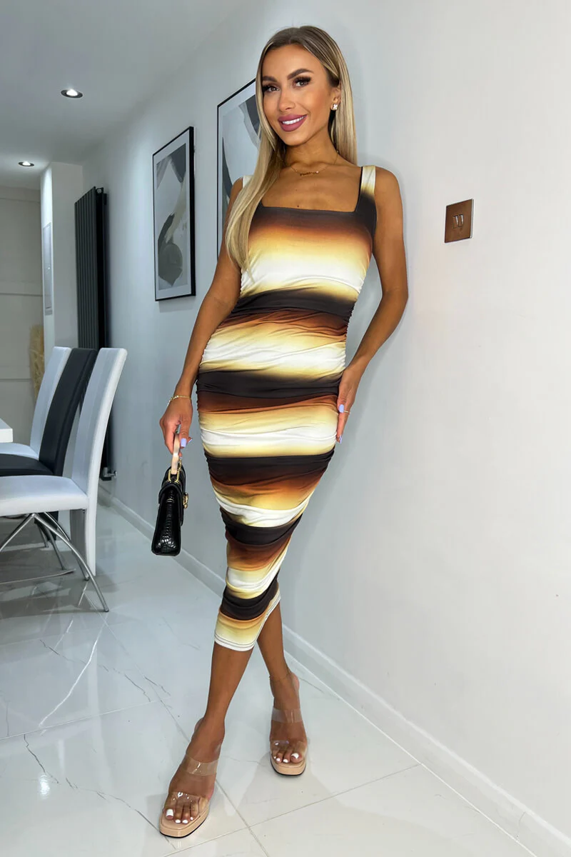 Brown Ombre Printed Square Neck Sleeveless Bodycon Midi Dress - Swimclubus