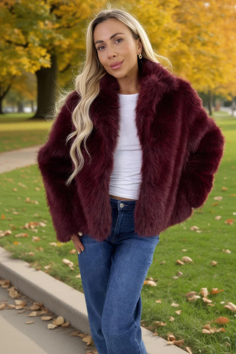 Burgundy Faux Fur Short Jacket - Swimclubus