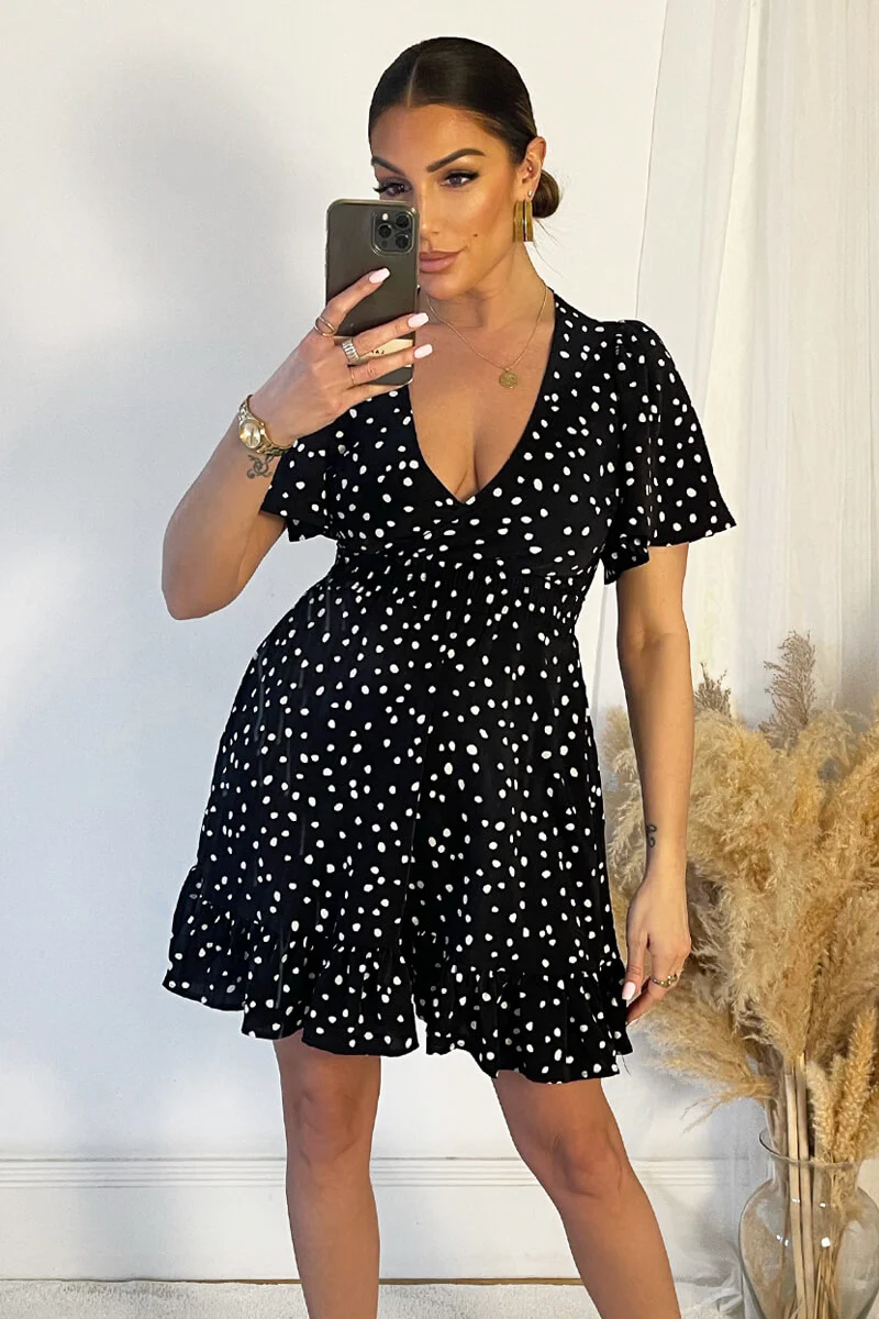 Black And White Polka Dot Print Wrap Top Frill Hem Dress - Swimclubus