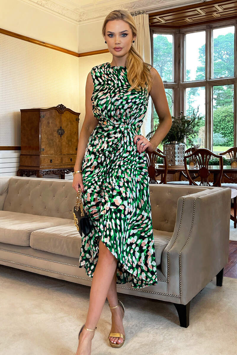 Green Printed Gathered Waist Midi Dress With Padded Shoulders - Swimclubus