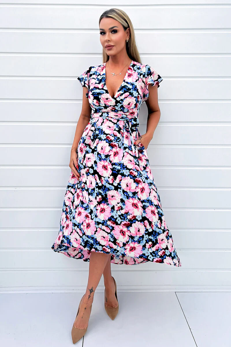 Pink Floral Print Short Sleeve Belted Wrap Midi Dress - Swimclubus
