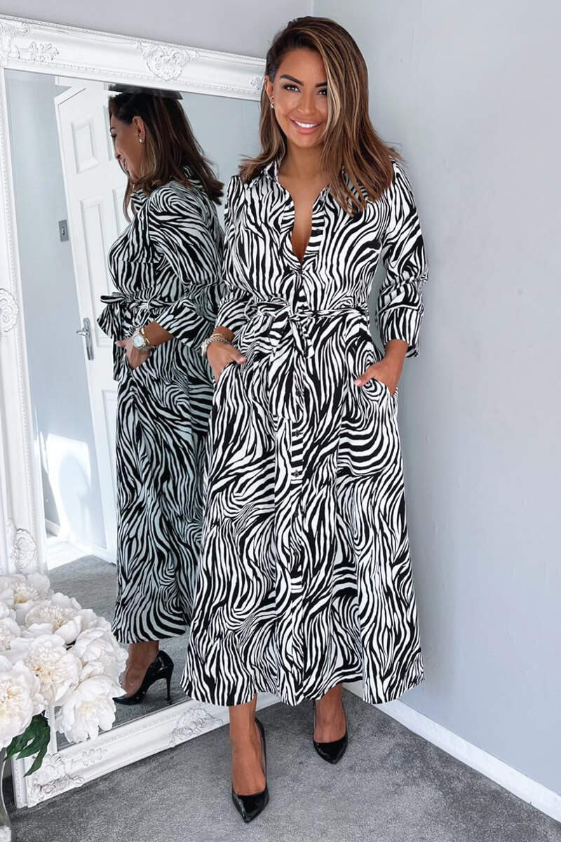 Black And White Zebra Print Midi Shirt Dress - Swimclubus