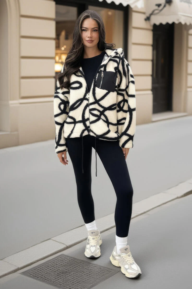 Cream And Black Swirl Pocket Detail Hooded Teddy Jacket - Swimclubus