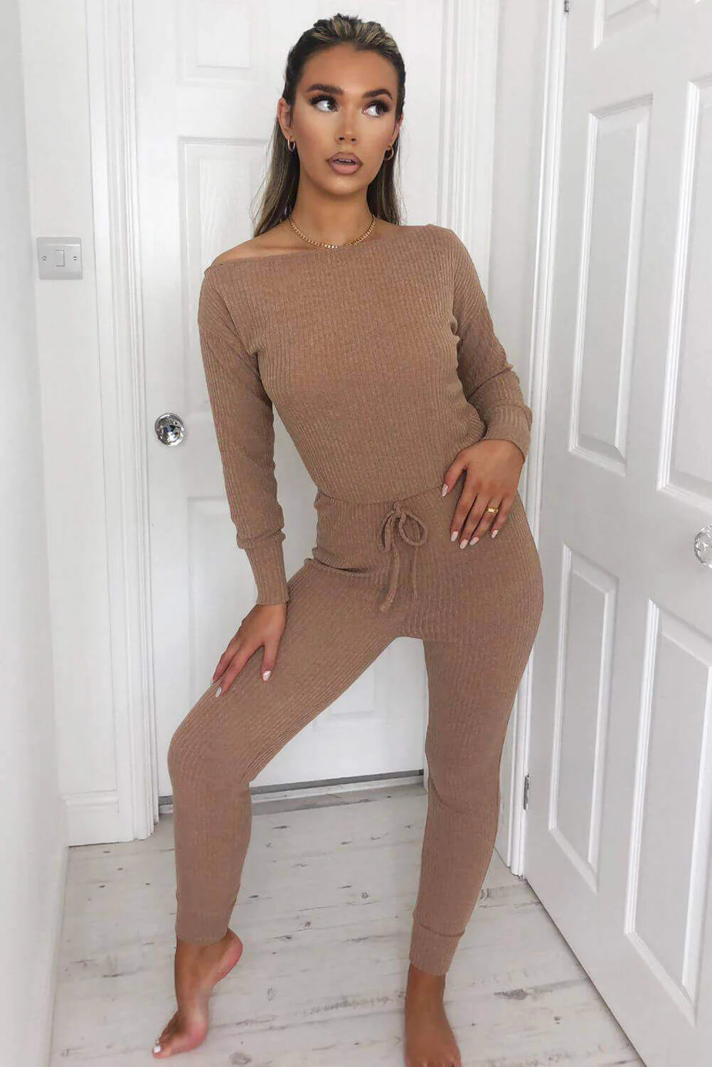 Camel Knitted Long Sleeve Jumpsuit - Swimclubus