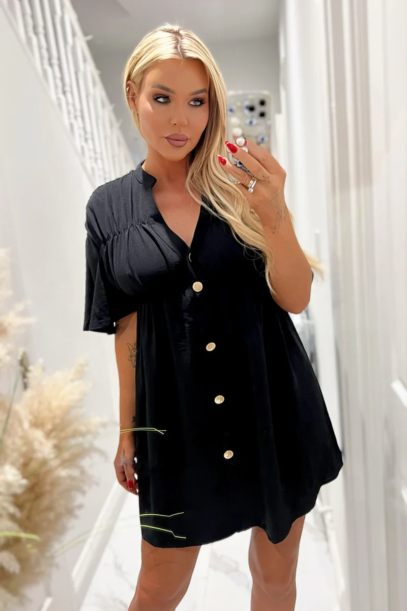 Black Button Up Ruched Detail Smock V-Neck Dress - Swimclubus