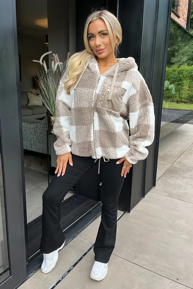 Biscuit Check Pocket Detail Hooded Teddy Jacket - Swimclubus