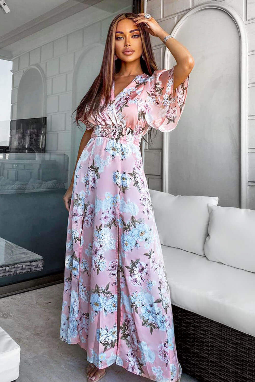 Pink Floral Side Split Maxi Dress - Swimclubus