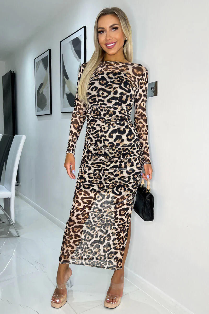 Multi Leopard Print Mesh Overlay Long Sleeve Bodycon Midi Dress - Swimclubus