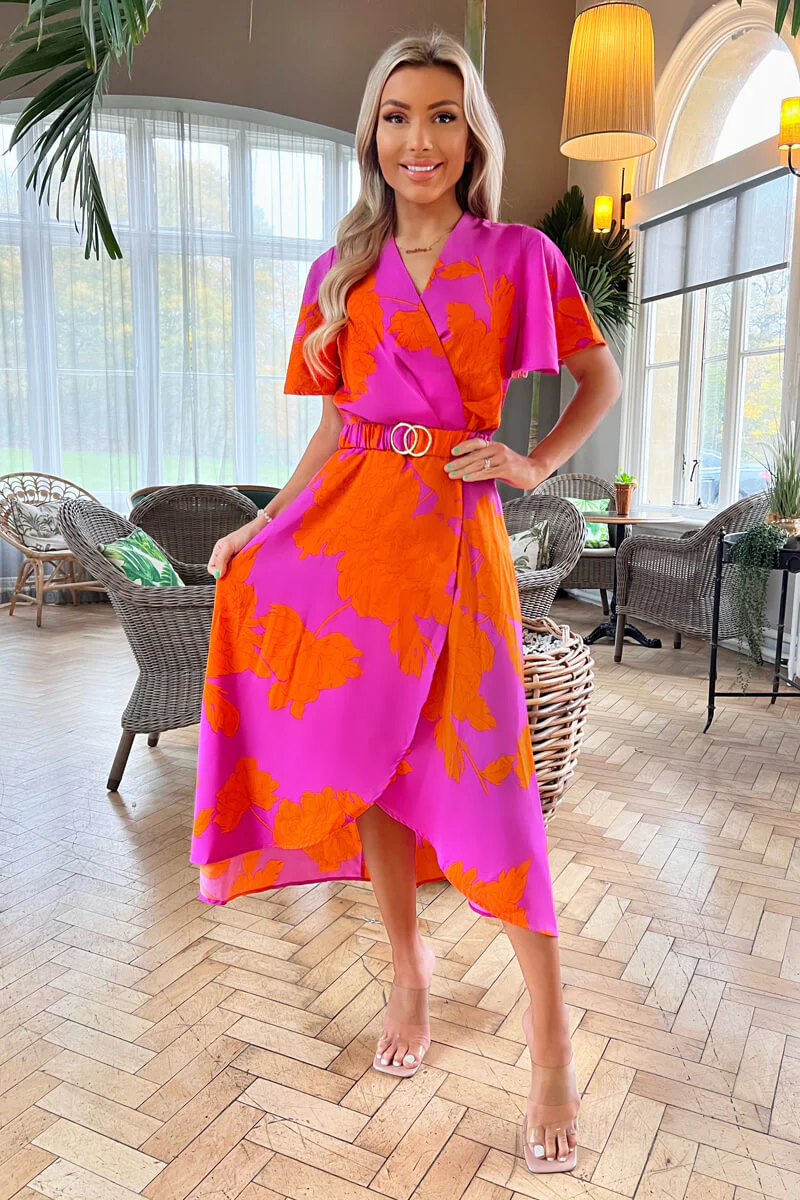 Pink And Orange Floral Print Belted Wrap Midi Dress - Swimclubus