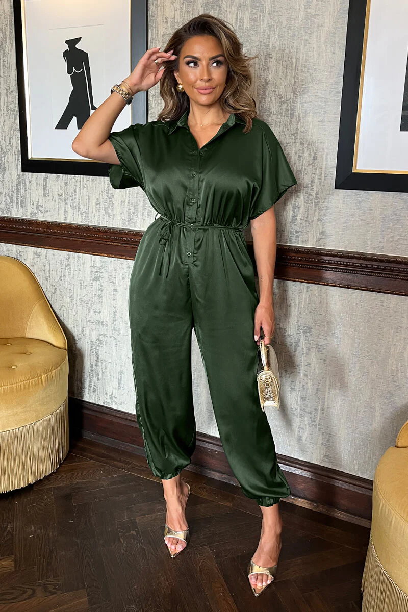 Olive Satin Button Front Collared Tie Waist Jumpsuit - Swimclubus