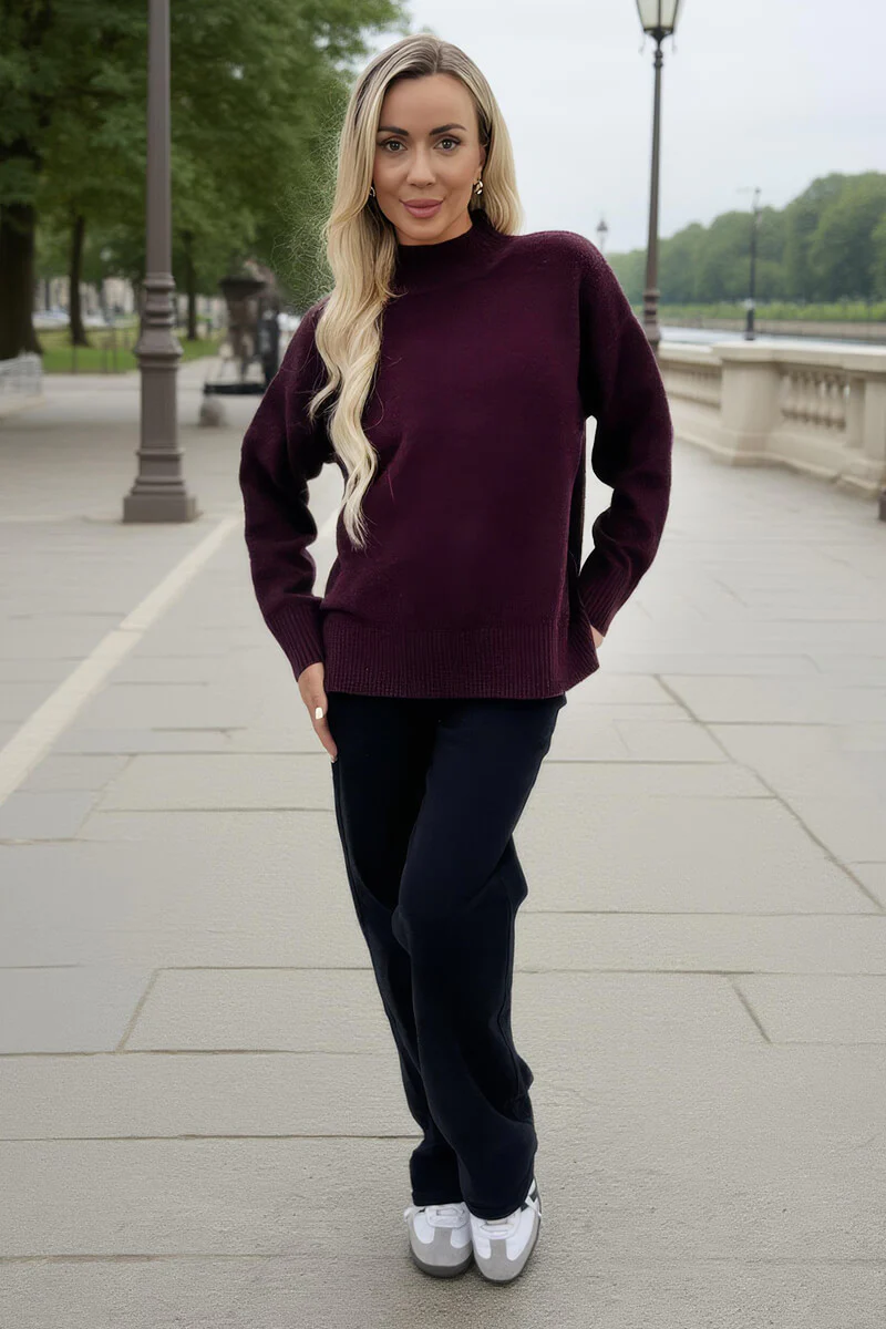 Burgundy Mock Neck Split Hem Jumper - Swimclubus